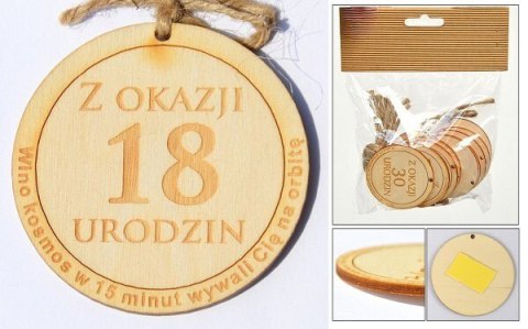 Zawieszka drewniana lub do przyklejenia z tekstem "Z okazji 18 urodzin" 10 szt. OZD-1