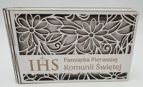 Banknotówka na pieniądze 10 x 15,5cm ażur biała KOMUNIA ŚW IHS