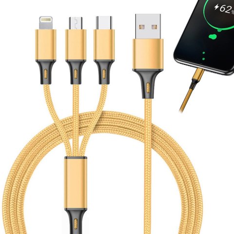 Kabel usb 3w1 do telefonu przewód lightning iphone micro usb type-c 1,2m złoty